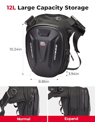KEMIMOTO Motorcycle Magnetic Tank Bag, EVA Hard Shell Thigh and Drop Leg Bag, Motorcycle Waist Pack for Men and Women, Ideal for Cycling, Hiking and Running, 12L, Black