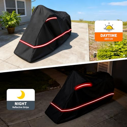 Full Enclosed Motorcycle Cover - Waterproof for Outdoor & Indoor Storage,600D Heavy Duty with Reflective Strips,Fits Scooters & Touring Motorcycles up to Length 108" x 45" x 59" Black - size: 108"L-45"W-59"H