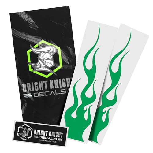Bright Knight Decals Reflective Flame Stickers, Set of 2 Large Light Green Flame Decals for Vehicles, Outdoor Waterproof 3M Vinyl Motorcycle Helmet Stickers for Safety Visibility with Clean Removal - color: Light Green, size: Pack of 2