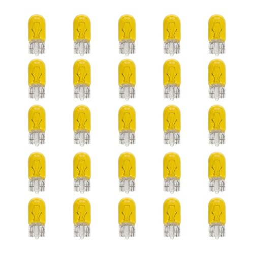 25PCS T10 12V 5W Car Brake Light Bulb, Clear Flat Foot Plug and Play Vehicle Turn Signal Lamp Bulb, Automotive License Plate Side Marker Light, Universal for SUV RV Truck (Yellow) - color: Yellow, size: 12V