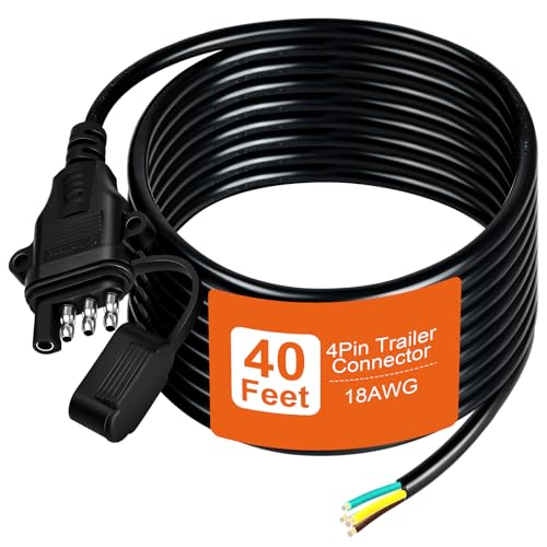 18AWG 40FT 4 Pin Trailer Connector Pure Copper 4 Pin Trailer Wiring Harness Jacketed Cable Heavy Duty Male Extension Wiring Harness 4 Wire 4-Flat Connector 4 Way Flat Plug with Dust Cover - size: 40 Ft 18AWG