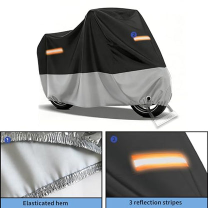 Motorcycle Cover Waterproof Outdoor,with Lock-Holes & Storage Bag,All Season Weather Sun Rain Protection Windproof Elastic Hem Night Reflective Design (104" Lx41 Wx50 H) - size: 104"Lx41"Wx50"H