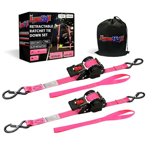 Retractable Ratchet Straps (2-Pack) - Heavy Duty Auto Slow Retraction Tie Down Straps - 1 Inch x 13 Feet (1,800lb Break Strength) for Truck, Cargo Trailer, Motorcycle, ATV, UTV - Pink - color: Pink, size: 2 pack
