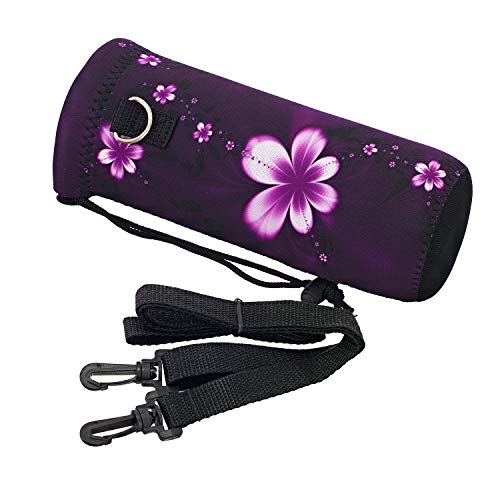 RICHEN Neoprene Water Bottle Carrier Bag with Adjustable Shoulder Strap,Insulated Water Bottle Cover for Stainless Steel/Glass/Plastic Bottles - color: Purple Flowers, size: 750ml