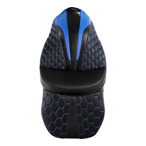 C.C.Rider Leather Driver Passenger Seat - Bagger Comb Strapped 2-Up One-Piece fit for Harley Touring Road King FLHR Street Glide FLHX Road Glide FLTRX Electra Glide FLHT 2009-2023, Black+Blue - color: Black+Blue
