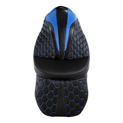 C.C.Rider Leather Driver Passenger Seat - Bagger Comb Strapped 2-Up One-Piece fit for Harley Touring Road King FLHR Street Glide FLHX Road Glide FLTRX Electra Glide FLHT 2009-2023, Black+Blue - color: Black+Blue