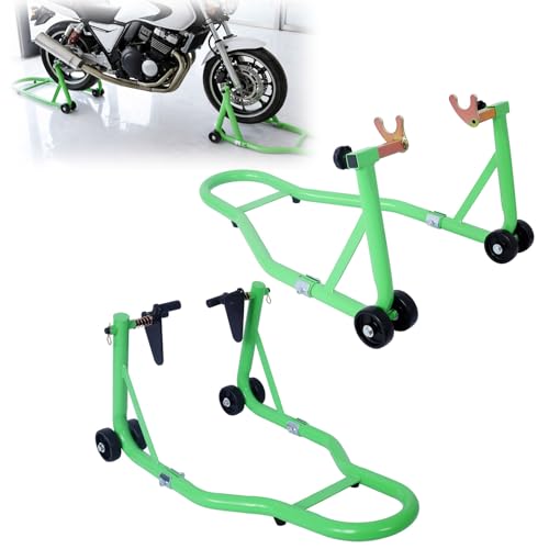 Motorcycle Stand Lift Set, 1000 lb Capacity Front & Rear Combo Paddock Stands, Front Dual-Fork Wheel Stand & Rear U+L Fork Swingarm Spool Stand, Adjustable, for Most Sport & Street Motorcycles,Green - color: Green