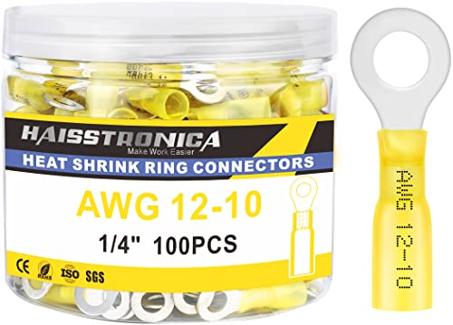 haisstronica 100PCS Heat Shrink Ring Terminals 1/4" Marine Grade Wire Connectors Yellow AWG 12-10 Gauge, Tinned Red Copper 1mm Resistant Ring Connectors, Brazed-Seam Insulated Electrical Crimp - color: Yellow, size: Ring 1/4"