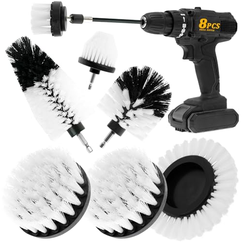 8 Pcs Drill Brush Attachment Set, Power Cleaning Scrub Brush Kit with Extend Long Attachment, All Purpose Drill Scrub Brushes for Car, Grout, Floor, Tub, Bathroom and Kitchen (White) - color: White