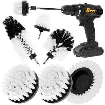 8 Pcs Drill Brush Attachment Set, Power Cleaning Scrub Brush Kit with Extend Long Attachment, All Purpose Drill Scrub Brushes for Car, Grout, Floor, Tub, Bathroom and Kitchen (White) - color: White