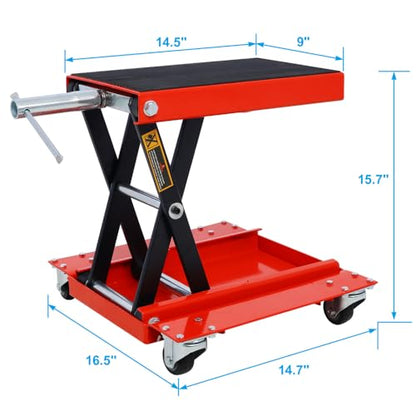 1100lb Heavy-Duty Motorcycle Lift Jack with Dolly Tray, Front Rear Center Tire Wheel Engine Stand Wide Deck - Scissor Lift for Cruisers, Trikes, ATVs - Portable, Red Steel Construction