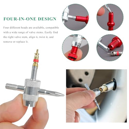 4-Way Tire Valve Tool, 4-in-1 Automobile Valve Core Remover Installer Tire Stem Puller, 4 Way Multifunctional Tyre Stem Core Wrench Repair Tool for Car Motorcycle Bicycle
