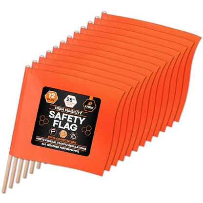 Xpose Safety Orange Vinyl Safety Flags 18" x 18" with 28" Wooden Staff, 12 Pack – High Visibility Warning Flags for Road Crews, Construction Zones, Parking Lots & Emergency Response - size: 28" Wooden Stick