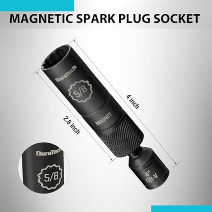DURATECH 5/8" Swivel Magnetic Spark Plug Socket, 1MM Thin Wall Spark Plugs Socket with 12-Point, Enhanced Magnetic Head & Manganese Phosphate Coating, 3/8" Drive x 4" Total Length, Cr-V Steel Made - size: 5/8" x 3/8" x 4"