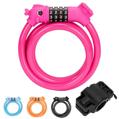 Bike Lock, 3.9 Feet 4-Digit Resettable Combination Password Anti-Theft Cable Lock, Cute Coiled Bike Lock with Mounting Bracket, Suitable for Bicycles, Electric Scooters, Ebikes (Pink-10mm) - color: Pink-10mm