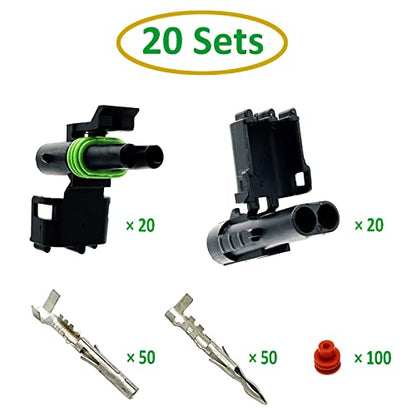 20 Kits 2 Pin Connector Weather Pack Connectors Kit Automotive Electrical Waterproof Connectors 2 Wire Connectors Plug Kit 18-14 AWG - size: 2pin/20kit/18-14AWG