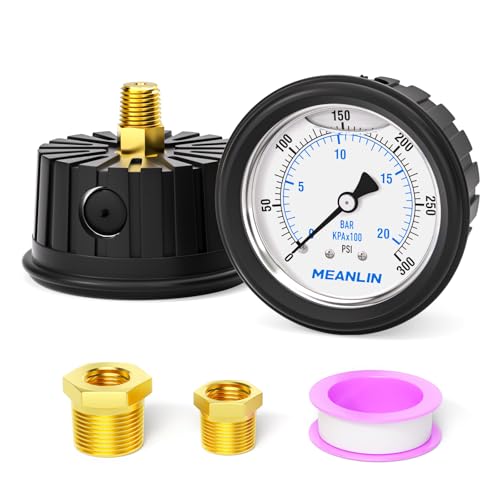 MEANLIN MEASURE 0~300Psi Stainless Steel 1/4" NPT 2.5" FACE DIAL,Liquid Filled Pressure Gauge, Center Back Mount (with Rubber Protective Sleeve), with 1/2" NPT and 3/8" NPT Hex Bushing - size: 0-300Psi