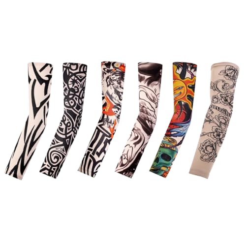 Tattoo Sleeves for Men Women Sun Protection UV Compression Arm Sleeves Breathable Skin Cover for Outdoor Sports - color: 012-6pc