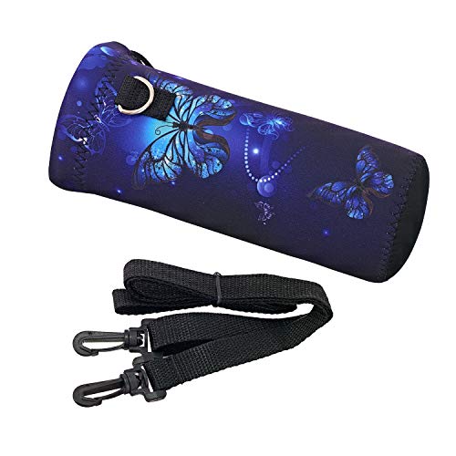 RICHEN Neoprene Water Bottle Carrier Bag with Adjustable Shoulder Strap,Insulated Water Bottle Cover for Stainless Steel/Glass/Plastic Bottles - color: Blue Butterflies, size: 750ml