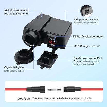 12V Motorcycle Dual USB Charger, Car Charger Power Outlet Waterproof Adapter with Cigarette Lighter Socket and Voltmeter for Phones/Tablets/GPS