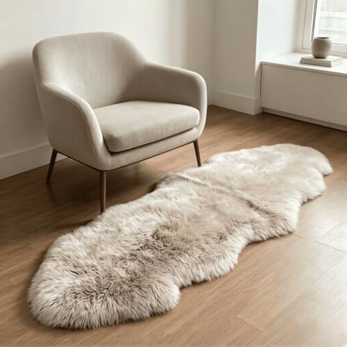 Fluffy Patchwork Sheepskin Rug with Little Patches, Fuzzy Shaggy Fur Genuine Wool Area Carpet for Bedroom Living Room Floor, Pray Pup Mat, Chair Sofa Seat Cover, Cream Brown, 2' x 6' - color: Cream Brown, size: 2' x 6' ((Double Pelt) Patchwork)