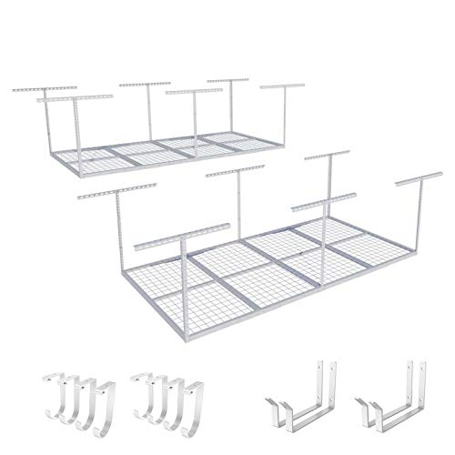 FLEXIMOUNTS 2-Piece Overhead Garage Storage Rack Set w/Hooks Adjustable Ceiling Storage Rack, 96" Length x 48" Width x 40" Height, 2 pcs, White, Classic Series - color: White, size: 2pcs 4x8 ft w/hooks