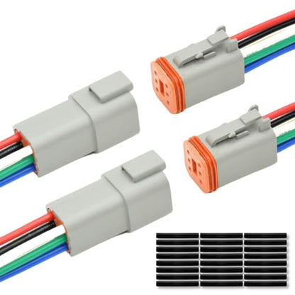 2 Set 6 Pin DT Deustch Waterproof Automotive Electrical Butt Connector with 16AWG -40℃-105℃ 600V Wires and Heat Shrink Tubes Connectors Kit for Car Truck Boat (E 6Pin Wiring 2Pair)