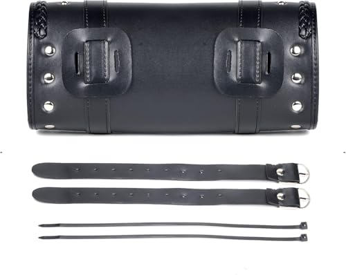 Goldfire Motorcycle Fork Bag PU Leather Handlebar Tool Pouch Sissy Bar Roll Bag with 2 Extra Strength Straps (Black-flag) - color: Black-flag