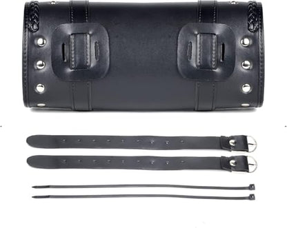 Goldfire Motorcycle Fork Bag PU Leather Handlebar Tool Pouch Sissy Bar Roll Bag with 2 Extra Strength Straps (Black-flag) - color: Black-flag