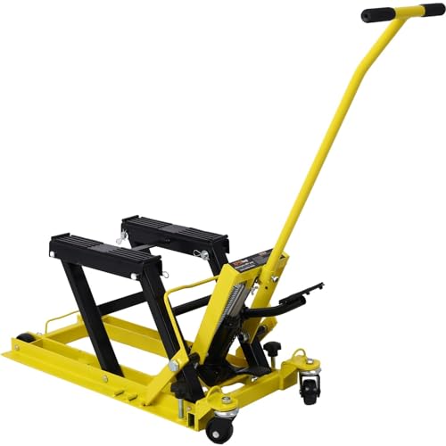 Hydraulic Motorcycle Lift Jack - 1500 Lbs Capacity, Portable ATV Scissor Lift Table with 4 Wheels, Foot-Operated Hoist Stand with Tie-Down, Yellow - color: Yellow