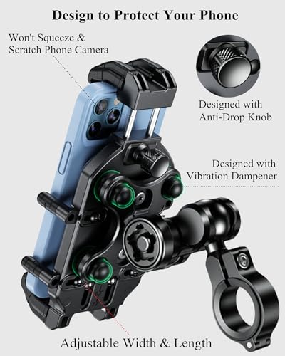 BRCOVAN Anti-Theft Motorcycle Phone Mount Holder with Vibration Dampener | with Secure Lock, Adjustable Handlebar Cellphone Clip for Bike Scooter ATV, Fit 5.4-7.2'' Smartphone, Big Phone Friendly