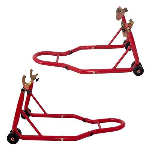 850lbs Motorcycle Stands Front and Rear, Heavy Duty Motorcycle Stand Lift with 4 Wheels & Extended Handle, Universal Paddock Stand & Motorcycle Wheel Stands for Maintenance Cleaning (Red+850lbs) - color: Red+850lbs