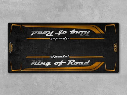 Garage Mat with Special King of Road for Cruiser and Custom Motorcycle, Motorcycle Mat, Washable Non-Slip Showroom Floor Carpet(Prospect Gold, Size 2: 102 x 47/260 x 120 cm)