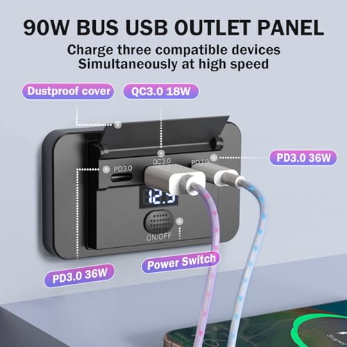 Upgraded 12V USB Outlet Surface Mount Panel 90W Dual PD 3.0 36W and QC 3.0 18W Car Port with Switch and Voltmeter, 12 Volt USB Charger Socket Accessories for RV Bus Marine Motorcycle