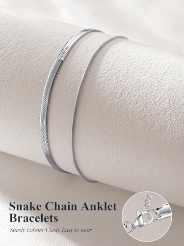 U7 Silver/Gold Ankle Bracelets for Women Layered Chain Anklets Stainless Steel Waterproof Summer Beach Anklet Cham, Adjustable 8.5"-10.5" - color: Silver - Flat Snake Chain+Snake Chain