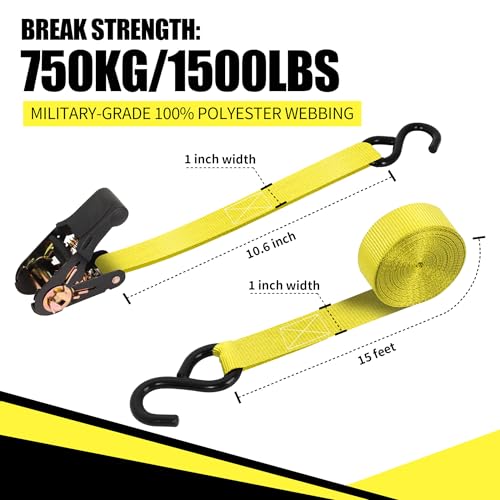 Cartman Ratchet Tie Down, 8Pk 15Ft, 500Lbs Load Cap/ 1500Lbs Break Strength, Cargo Straps for Moving Appliances, Lawn Equipment, Motorcycle in a Truck, with Carry Bag - style: 8PK Yellow