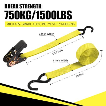 Cartman Ratchet Tie Down, 8Pk 15Ft, 500Lbs Load Cap/ 1500Lbs Break Strength, Cargo Straps for Moving Appliances, Lawn Equipment, Motorcycle in a Truck, with Carry Bag - style: 8PK Yellow