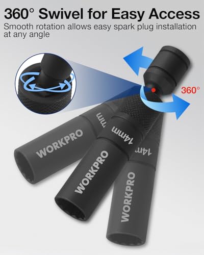WORKPRO 14MM Swivel Magnetic Spark Plug Socket 12-Point, 1mm Thin Wall Socket, 360 Swivel, 3/8" Drive x 4", Black Phosphate Finish, Anti-Slip Knurled Grip - size: 14MM×3/8"×4"
