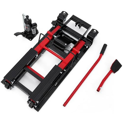 GarveeLife Hydraulic Motorcycle Lift Jack, Scissor Jack with with Foot Pedal & Wheels, 1500LB Capacity, 4.7''-14.57'' Height Range, Non-Slip Platform & 360° Swivel Casters, ATV/UTV/Dirt Bike Lift - color: Red
