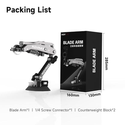 Movmax Blade Arm for DJI Pocket 3, Insta 360, and GoPro Hero 12 Cameras with N2 Arm Technology and Universal Locking Screw - style: Car Suction Cup Kits
