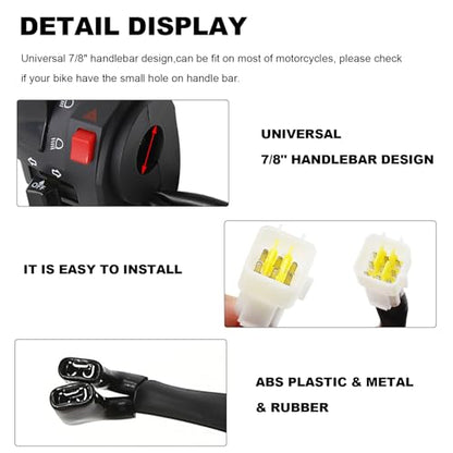 Universal 7/8" Left & Right Motorcycle Handlebar Mount Switch, Side ATV Handlebar Horn Button Turn Signal for Fog Lamp Horn Signal Wires Ignition Stop Control