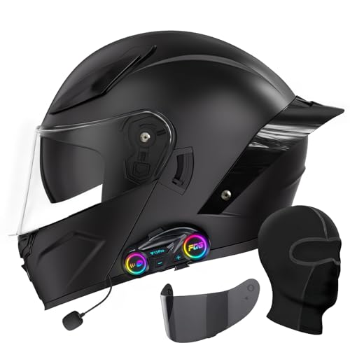 Bluetooth Motorcycle Helmet, Full Face Flip Up Modular Motorcycle Helmet with Bluetooth intercom headsets, DOT Approved Dual Visor Helmets - style: Matte Black