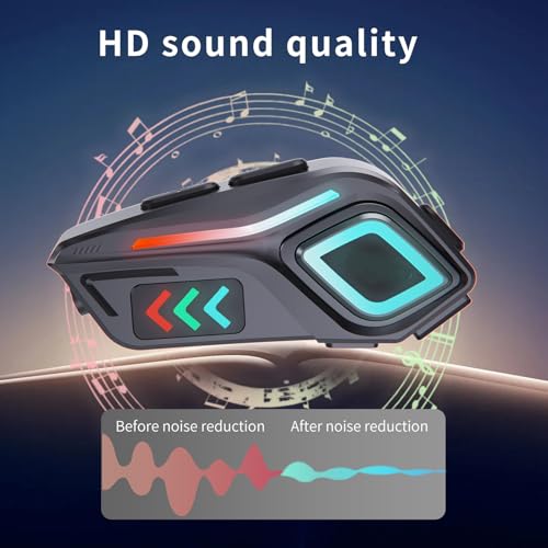 Bewinner Motorcycle Bluetooth Communication Headset, Wireless Motorcycle Earphone with Color Ambient Lights, Noise Cancellation Microphone, IP65