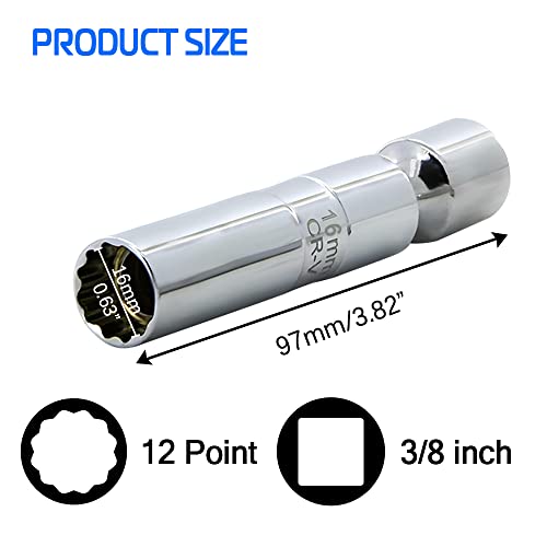 A ABIGAIL 16mm Thin Wall Swivel Magnetic Spark Plug Socket 3/8 Inch Drive 12-Point 5/8 Inch Spark Plug Socket Removal Tool Compatible with Motorcycle, Car, SUV, BMW - size: 16mm