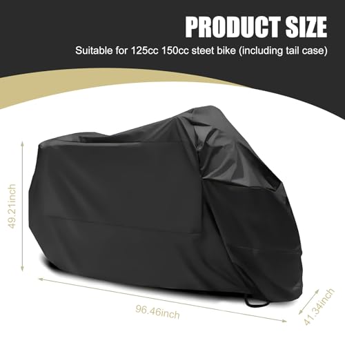 Motorcycle Cover, 96.5" Heavy Duty Motorcycle Cover Waterproof Outdoor, Full Cover with Lock Holes Windproof Security System & Storage Bag, Universal for Motorcycles Bikes (Black)