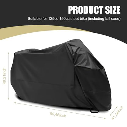Motorcycle Cover, 96.5" Heavy Duty Motorcycle Cover Waterproof Outdoor, Full Cover with Lock Holes Windproof Security System & Storage Bag, Universal for Motorcycles Bikes (Black)