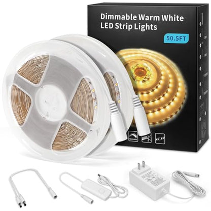 MYPLUS Under Cabinet Lighting Kit, 50Ft Dimmable Led Strip Lights with 900 LEDs, 24V, Low Power Safety Adapter, Flexible Tape Light for Kitchen Cabinet,Bedroom,Counter,Shelf (Warm White-3000k) - color: Warm White/3000K, size: 50FT/15M