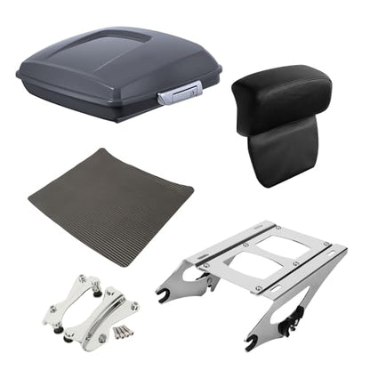 XFMT 5.5" Gunship Gray Razor Trunk W/Backrest Pad + Chrome Mount Rack + Docking Kit For Harley Touring Road King Street Glide Road Glide Electra Glide Ultra Classic 2014-Later - color: Gunship Gray Set 7
