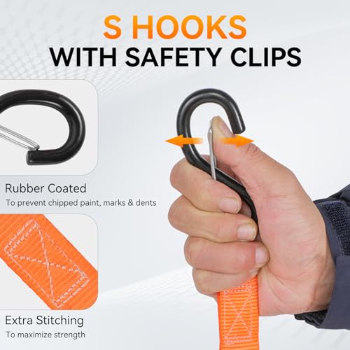 Tie Down Straps Ratchet Set, Ratchet Straps Heavy Duty 1500 LBS Break Strength Tie Downs, Ratchet Straps with S Hooks & Safety Clips, Soft Loops & Storage Bag for Motorcycle Trailer UTV Cargo