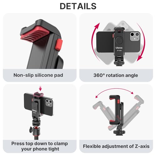 ULANZI ST-06S Phone Tripod Mount, Universal Smartphone Mount Adapter with 2 Cold Shoe, 360° Rotates Adjustable Cell Phone Clip Clamp Holder, Compatible with iPhone 17/16/15, Samsung Galaxy Cell Phones